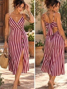 Foteisy NWT Burgundy Pink Striped Open Back Bow Midi Dress Size M